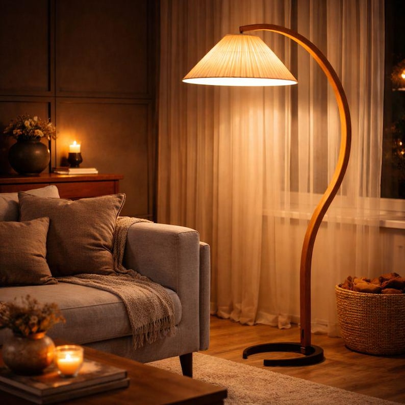 Lámpara de pie de arco moderna de madera con pantalla de tela | Luz LED cálida de 2700 K para salón y dormitorio