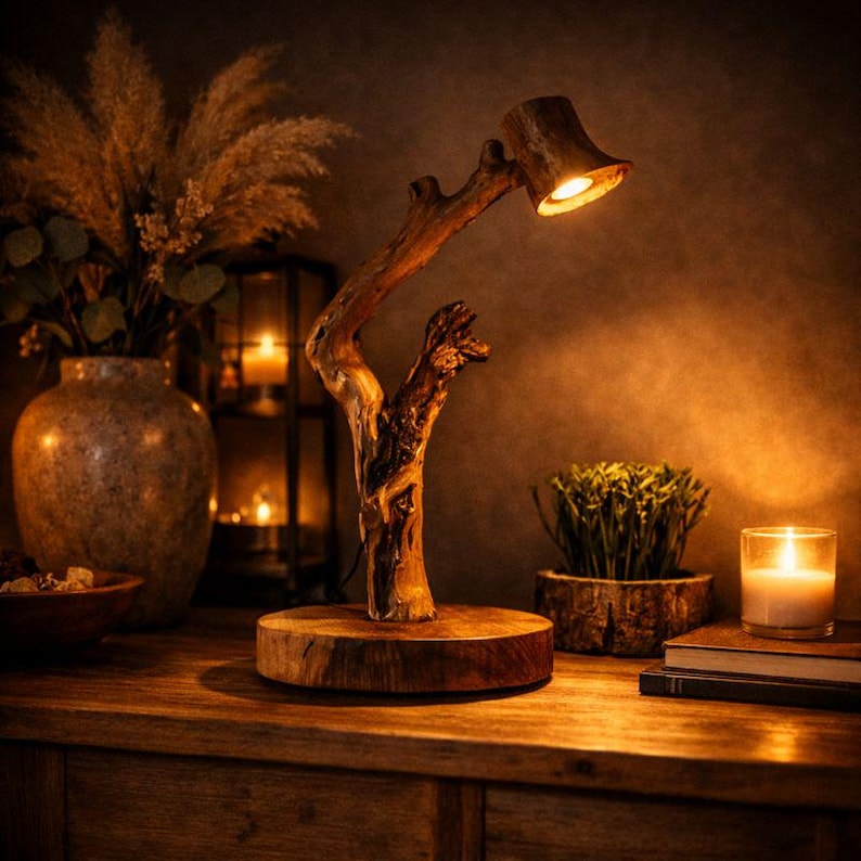 Lámpara de mesa de madera Wabi Sabi: lámpara decorativa de madera de mango hecha a mano | Iluminación rústica natural para sala de estar, dormitorio y decoración del hogar