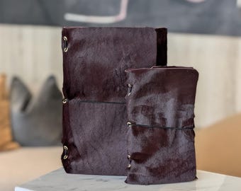 Cuaderno tríptico de piel de becerro color merlot (tamaño A5 y A6)