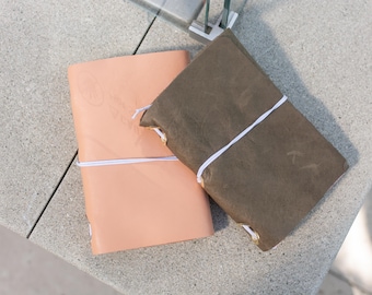 Diario tríptico de piel verde oliva, tamaño A6, hecho a mano, con ojales dorados.