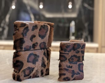 Cuaderno de viaje de piel de becerro con pelo de leopardo, tríptico, tamaño A5 y A6, con ojales dorados, bordes sin rematar, hecho a mano - LPCH05A5A6