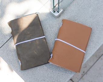 Cuaderno de cuero tríptico tamaño A6, hecho a mano, color tostado británico, color oliva