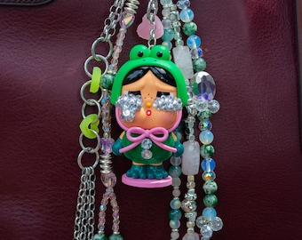 Dije de rana para bolso hecho a mano: cuentas de piedras preciosas, resina y accesorios PopMart