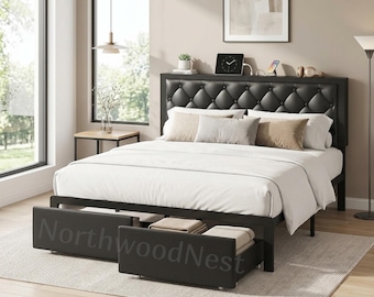 Queen Bed Frame with Storage Drawers  Upholstered Charging Station Platform Bed  Modern Noise-Free Metal Frame