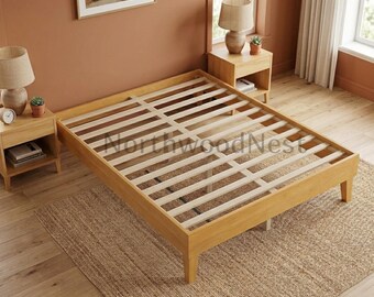 Low Bed Frame | Solid Wood Platform Bed | Wooden Slats | Underbed Storage | Noise-Free | Queen King