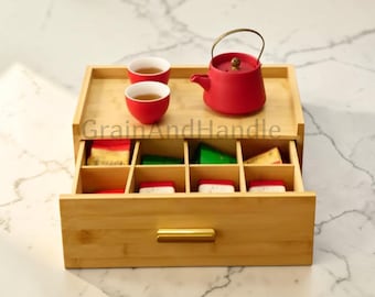 Wooden Tea Box Organizer Teabag Holder with Drawer | Space Saving Chest Station Elegant Decor | Tearoom Festival Gift