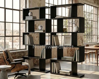 6 Tier Geometric Bookcase  S Shaped Bookshelf Room Divider  75 Tall Wood Freestanding Display Shelves Pack
