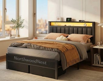 LED Bed Frame with Charging Station  Grey Upholstered Platform Bed with Drawers  Modern Metal Storage Bed