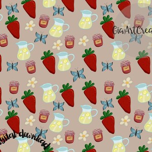 May include: A repeating pattern on a light brown background featuring red strawberries, yellow lemonade pitchers with lemon slices, small red jam jars with checkered lids, blue butterflies, and white flowers. The text GiaArtCreation and Digital download appear.