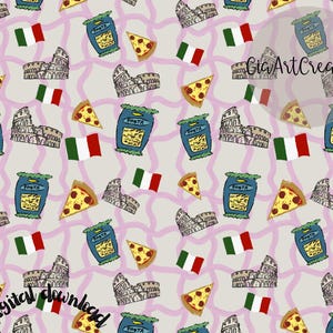 Papier numérique Italie | Motif italien sans raccord | Pizza, pâtes, drapeau italien et Colisée | PNG