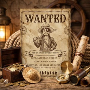 May include: A pirate-themed birthday party invitation with a vintage aesthetic. The design includes a "WANTED" poster with a cartoon pirate holding a sword. Other elements are a treasure chest with gold coins, a compass, a spyglass, and a rolled-up map.