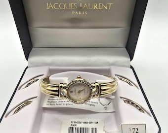 Vintage Jacques Laurent Paris women's gold tone watch, model JL630 interchangeable bezel New in box  needs battery mother of pearl face.