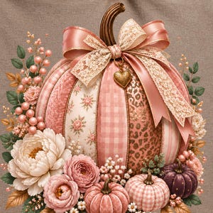 Girly Patchwork Pumpkin PNG, Pink Fall Floral DTF Design