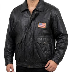 Vintage Black Patchwork Leather Jacket Full Zip Pockets Long Sleeve Men Size XL