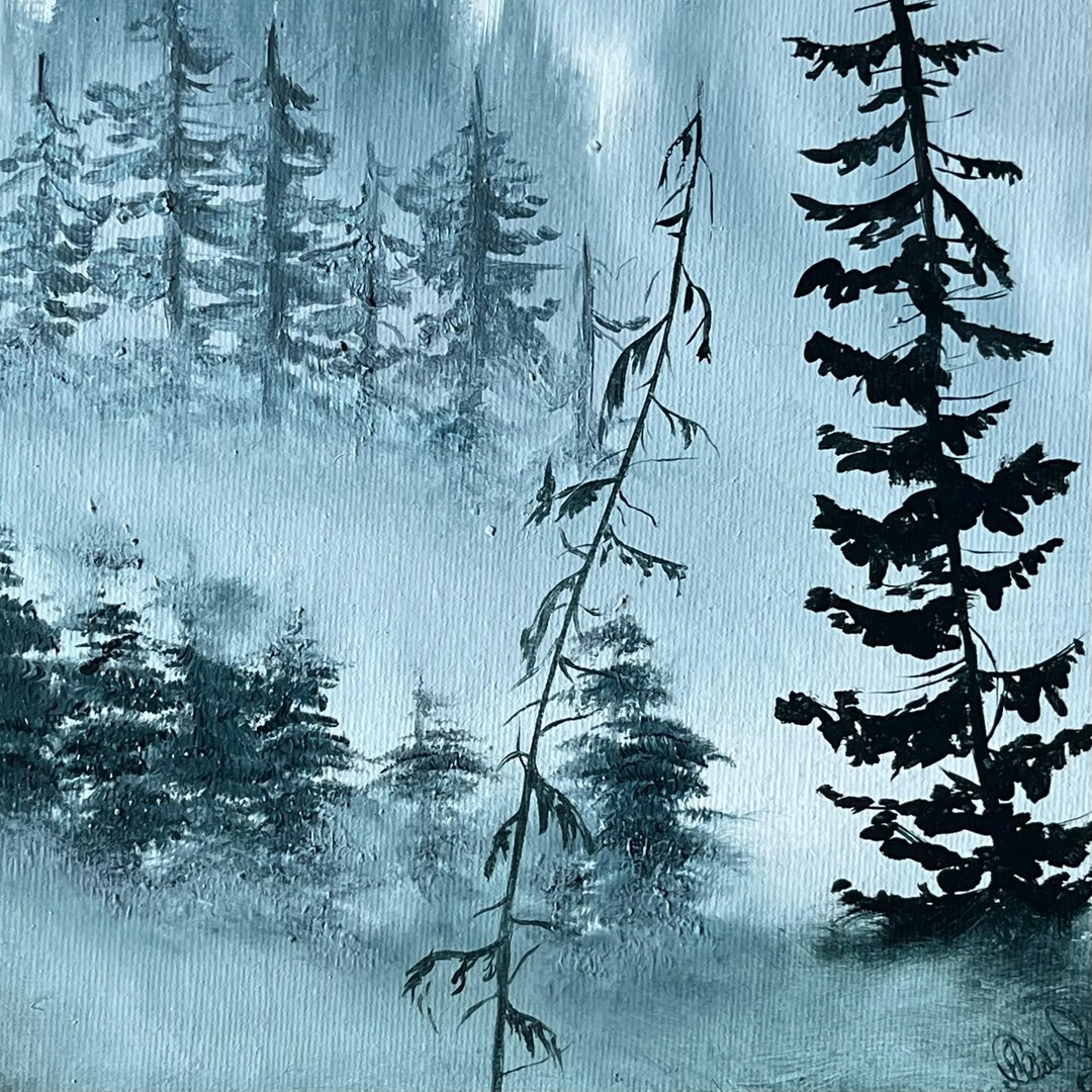 Foggy Forest Painting, Misty Pine Tree Landscape, Woodland Wall Art ...