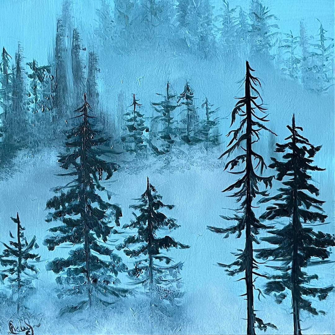 Foggy Forest Painting, Misty Pine Tree Landscape, Woodland Wall Art ...