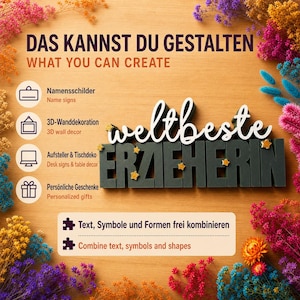 May include: A wooden sign featuring the German text "weltbeste ERZIEHERIN" in white and dark gray 3D lettering with small gold stars. The image includes text in German and English describing custom name signs, wall decor, and personalized gifts.