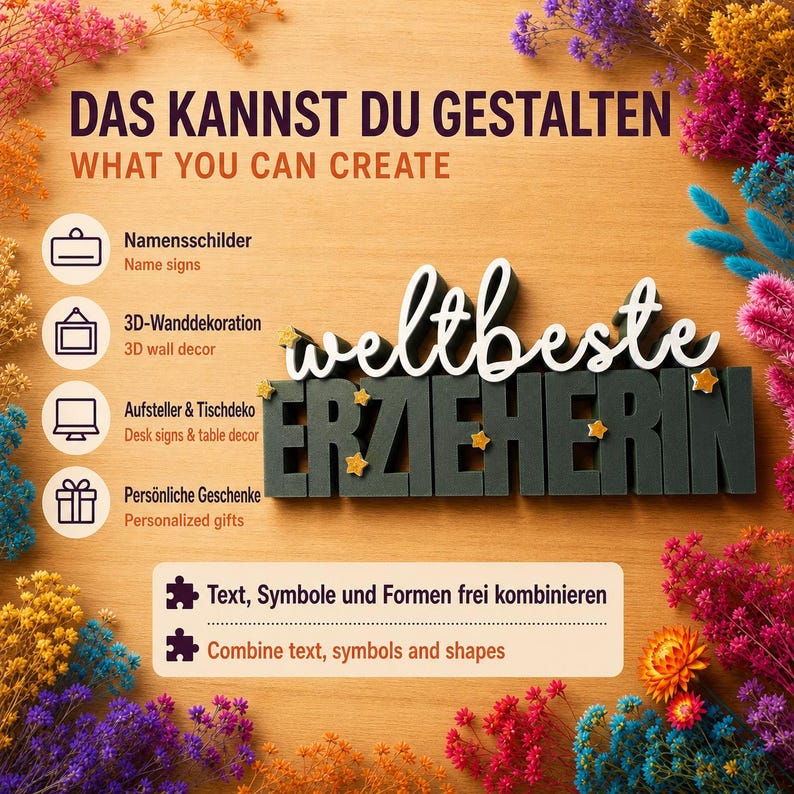May include: A wooden sign featuring the German text "weltbeste ERZIEHERIN" in white and dark gray 3D lettering with small gold stars. The image includes text in German and English describing custom name signs, wall decor, and personalized gifts.