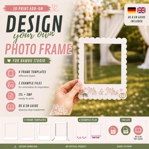 Può includere: Un componente aggiuntivo per stampa 3D per cornice portafoto con il testo Design Your Own Photo Frame for Bambu Studio. Il set include 4 modelli di cornici, 2 file di esempio, file STL e 3MF e una guida. Una cornice bianca smerlata con Mr & Mrs.