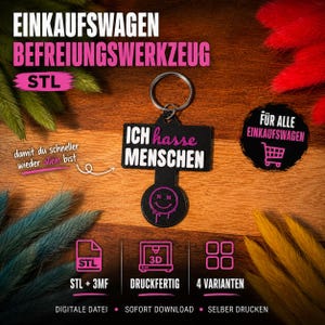 May include: Black keychain with the text "ICH hasse MENSCHEN" and a smiley face. The keychain is attached to a silver ring. The image also includes text that says "EINKAUFSWAGEN BEFREIUNGSWERKZEUG" and "FÜR ALLE EINKAUFSWAGEN".
