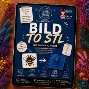 Puede incluir: Una pantalla de tableta digital que muestra un tutorial titulado BILD TO STL. El gráfico presenta una ilustración de una abeja, un proceso de conversión a modelo 3D e instrucciones en alemán para crear modelos 3D a partir de imágenes.