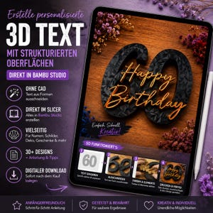 Peut inclure: Une conception numérique sur un écran de tablette, avec un rendu 3D du chiffre 60 et les mots "Happy Birthday" en or. Le design est posé sur un fond imitation bois, avec des accents floraux. Du texte en allemand est également présent.