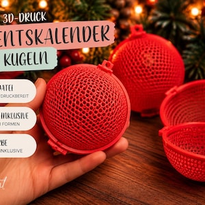 Può includere: Ornamenti sferici rossi stampati in 3D con una trama a maglia fine. Il set include diversi pezzi, alcuni chiusi e altri aperti, dotati di un piccolo occhiello sulla parte superiore. Il testo include 3D-DRUCK ADVENTSKALENDER KUGELN, 2 GRÖSSEN, 3MF-DATEI, MOLD INKLUSIVE e GEWERBE LIZENZ INKLUSIVE.