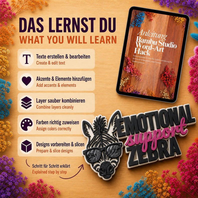 May include: A digital tablet displaying a Bambu Studio Word-Art Hack tutorial, next to a 3D-printed zebra wearing sunglasses and the text Emotional Support Zebra. The image lists learning objectives in German and English, surrounded by colorful dried flowers.