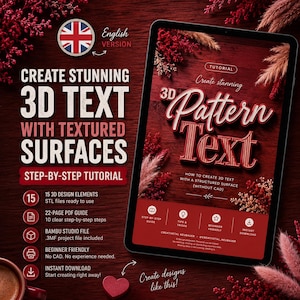 Könnte beinhalten: Ein digitales Tablet zeigt ein Tutorial zur Erstellung von 3D-Mustertext mit strukturierten Oberflächen. Das Tutorial umfasst 15 Designelemente, STL-Dateien, eine 22-seitige PDF-Anleitung und eine Bambu Studio-Datei. Der Text lautet "Erstellen Sie atemberaubenden 3D-Text mit strukturierten Oberflächen".