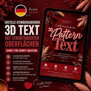 Op de afbeelding: Een digitale ontwerptutorial op een tablet, met instructies voor het maken van 3D-tekst met gestructureerde oppervlakken. Het scherm toont de woorden "3D Pattern Text" in een gestileerd lettertype. De achtergrond is dieprood met decoratieve elementen.