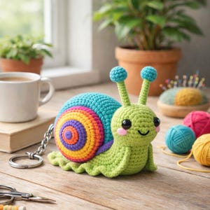 Puede incluir: Un caracol de ganchillo hecho a mano con una concha turquesa y un diseño en espiral arcoíris. El caracol tiene antenas y cuerpo verdes, con un llavero adjunto. Está sobre una superficie de madera.