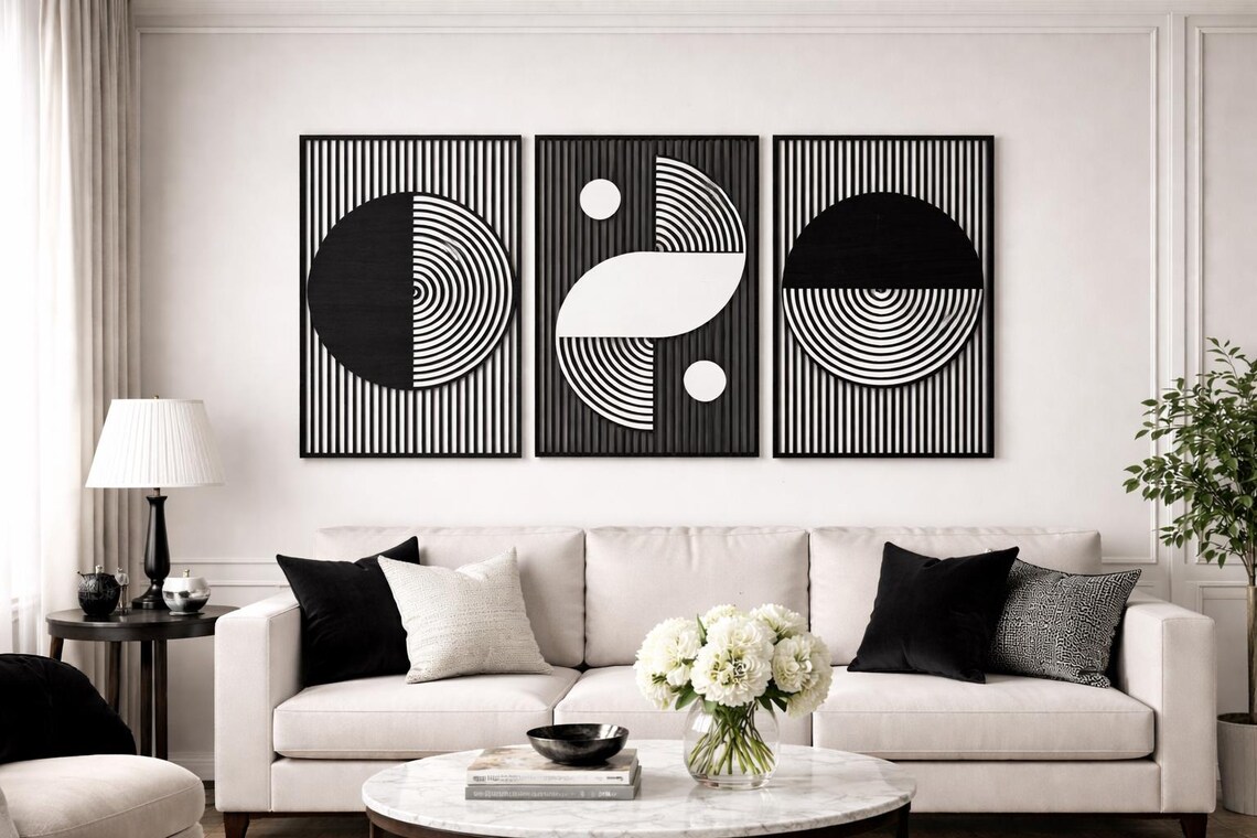 Mid Century Modern Geometric Wood Wall Art – 3 Panel Triptych Decor - Etsy