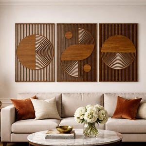 Mid Century Modern Geometric Wood Wall Art – 3 Panel Triptych Decor - Etsy