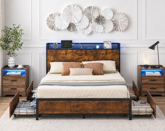 Rustic LED Bed Frame with 4 Drawers, Charging Station & RGB Lights, Industrial Platform Bed with Storage Headboard, No Box Spring Needed