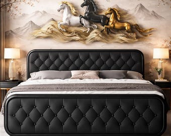 Black Upholstered Bed Frame with Tufted Headboard Modern Faux Leather Platform Bed, Strong Metal Support | Easy Assembly | Bedroom Furniture