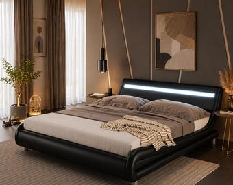 Modern LED Bed Frame with Adjustable Headboard, Faux Leather Platform Bed, Upholstred Bed Frame, RGB Light Bed, Minimalist Bedroom Furniture