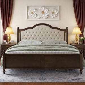 Queen & King Upholstered Bed Frame with Tufted Headboard, Solid Wood Platform Bed