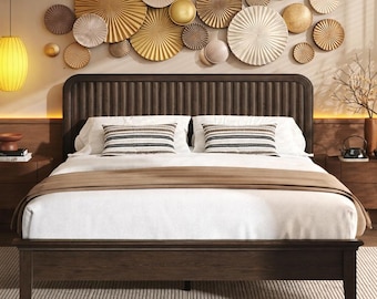 Queen Solid Wood Bed Frame, Round Corner, Dark Walnut, Mid Century Style