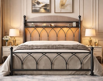 Modern Industrial Black Metal Bed Frame with Headboard Shelf, LED, USB Charging Station