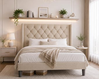 Luxury Wingback Upholstered Bed Frame with Button Tufted Headboard | Platform Bed with Wooden Slats | No Box Spring Needed | Easy Assembly |