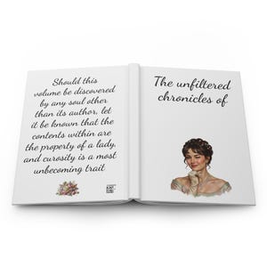 May include: An open book with text on the left page: "Should this volume be discovered by any soul other than its author...". The right page reads "The unfiltered chronicles of" with a portrait.