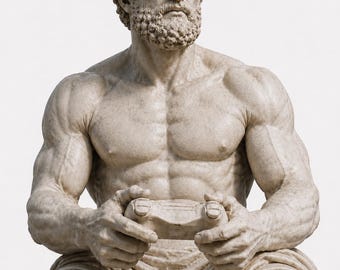 May include: A white baseball cap featuring a graphic of a purple-clad figure lifting a barbell. The cap is worn by a muscular stone statue with a beard and curly hair, who is also holding a stone-textured video game controller in their hands.