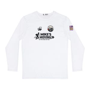 May include: White long-sleeve shirt with various graphics. The shirt features a panda, a circular logo, and the text "MIKE'S MOVING" with the tagline "GET THE F*** OUT FAST." A small flag design is on the sleeve.