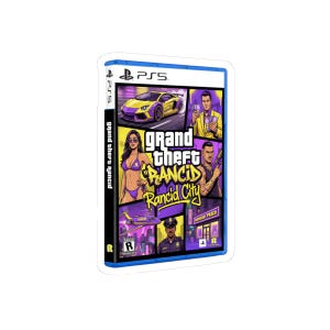May include: A PS5 game case featuring the title "Grand Theft Rancid City." The cover art showcases a yellow and purple sports car, characters in suits, and a woman in a bikini. The game's rating is visible.
