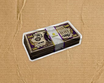 May include: A stack of stylized $100 bills with purple and gold accents. The bills feature unique designs and text, including the word "Rancid" and the number "100" in multiple places. A white and purple band wraps around the stack.