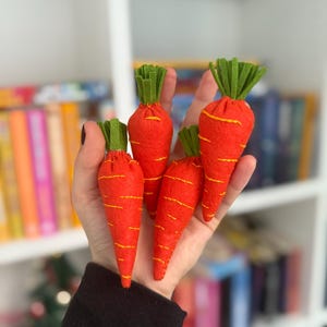 Op de afbeelding: Vijf handgemaakte vilten wortelen in verschillende maten. Elke wortel is feloranje met gele stiklijnen en een groene vilten bovenkant. De wortelen worden in een hand gehouden, met een vage boekenplank op de achtergrond.