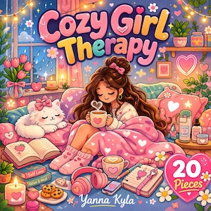 Może przedstawiać: Cyfrowa ilustracja zatytułowana "Cozy Girl Therapy" przedstawiająca młodą kobietę relaksującą się z filiżanką kawy, kotem i książkami. Scena wypełniona jest różowymi i pastelowymi kolorami, sercami i kwiatowymi akcentami. Obraz zawiera tekst "20 Pieces" i nazwisko artysty, "Yanna Kyla."