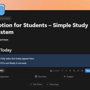 May include: A dark screen displays the text "Notion for Students - Simple Study System." The interface includes a calendar icon for "Today" and a section for assignments. A blue box with text is also visible.