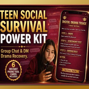 May include: A promotional image for a "Teen Social Survival Power Kit" with a young person holding a smartphone. The kit includes "6 Instant Phone Tool Cards" for group chat and DM drama recovery. The phone screen displays "Digital Drama Triage" instructions.
