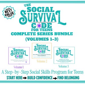 Könnte beinhalten: Ein komplettes Serienpaket für Teenager mit dem Titel "The Social Survival Code" mit den Bänden 1-3. Das Design umfasst türkisfarbenen und lila Text mit den Worten "Best Value" in einem türkisfarbenen Badge. Die Serie ist ein Sozialkompetenzprogramm.